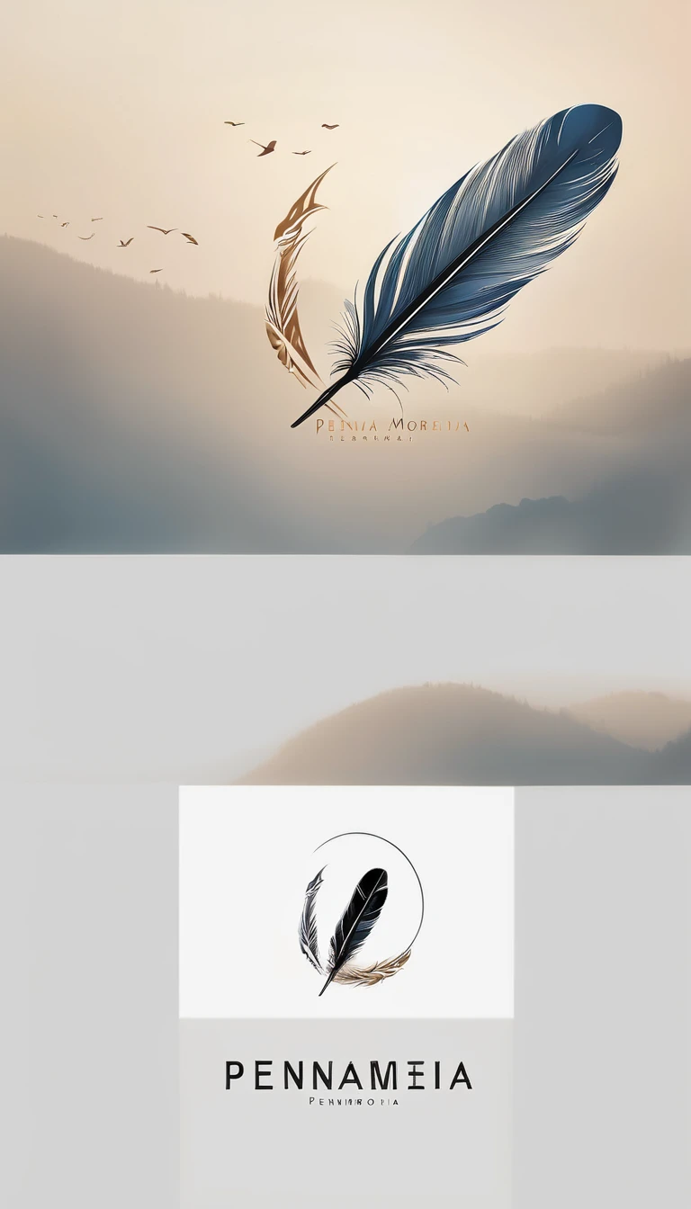 A minimalist, fantastic, poetic, dreamy, captivating, memorable, masterpiece, modern, simple logo design of a boy and a feather for the brand “Penamemoria". The logo must convey a sense of music, stories and dreams. Minimalistic logo design of a boy and a feather.