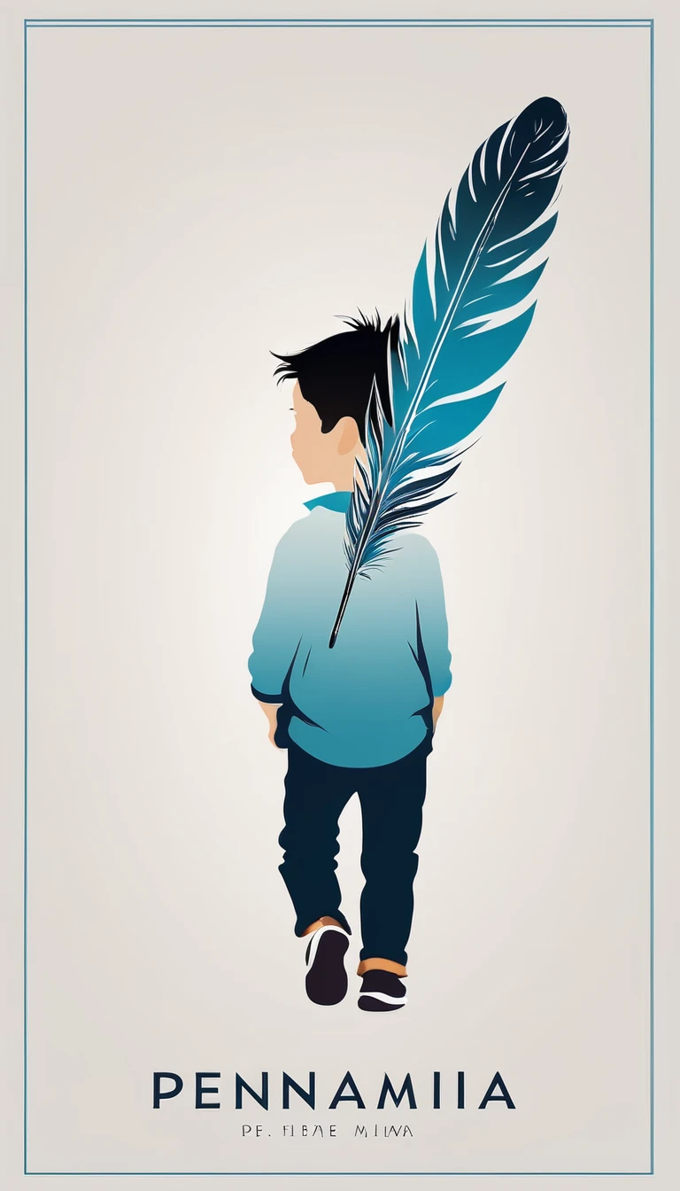 A minimalist, fantastic, poetic, dreamy, captivating, memorable, masterpiece, modern, simple logo design of a boy and a feather for the brand “Penamemoria". The logo must convey a sense of music, stories and dreams. Minimalistic logo design of a boy and a feather.