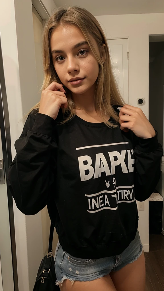 young blonde Brazilian woman, 19 years old, wearing black clothes, selfie