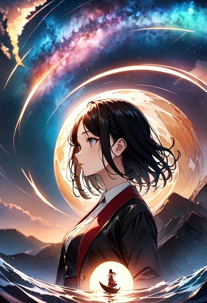 Flying Girl、Starry Skyを飛ぶ少女、color々なcolorの星の光、diego gisbert lawrence、Joe San Gonzales and Mumford、Picture book illustrations、Psychedelic Art、One Girl、Starry Sky、nebula、Swirl、water、vague、superwide shot、Highest quality、Super detailed、Intensive、Golden ratio composition、Kanna Hashimoto