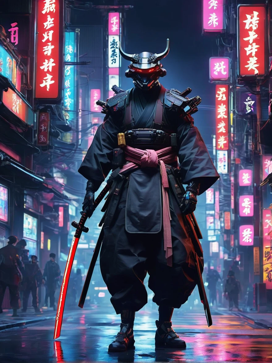 A ronin, augmented with cybernetic enhancements, wanders through the dark underbelly of a cybernetic Yakuza underworld. Clad in a mix of traditional hakama pants and modernized armor, they wield a plasma-infused katana, carving a path through the neon-lit shadows. The bustling streets echo with the whispers of a digitalized underworld, where honor clashes with corruption in this cyber-enhanced feudal landscape ,