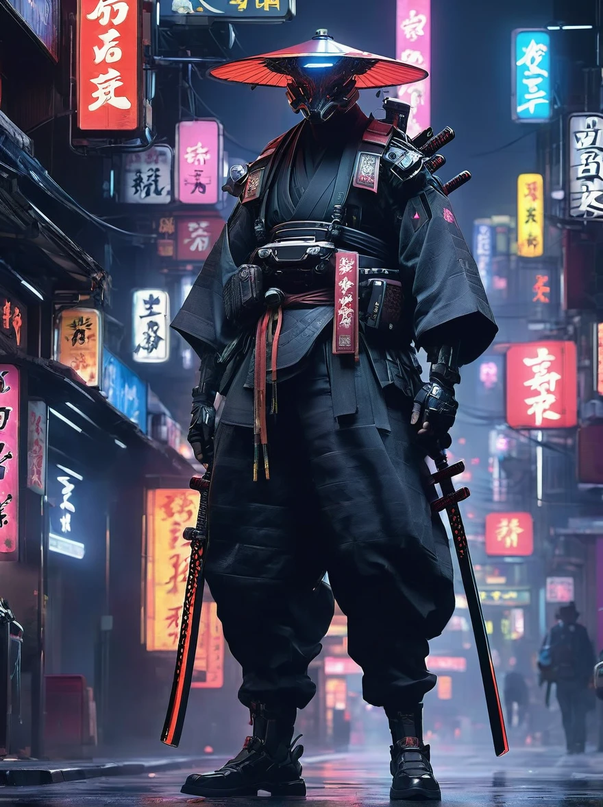 A ronin, augmented with cybernetic enhancements, wanders through the dark underbelly of a cybernetic Yakuza underworld. Clad in a mix of traditional hakama pants and modernized armor, they wield a plasma-infused katana, carving a path through the neon-lit shadows. The bustling streets echo with the whispers of a digitalized underworld, where honor clashes with corruption in this cyber-enhanced feudal landscape ,