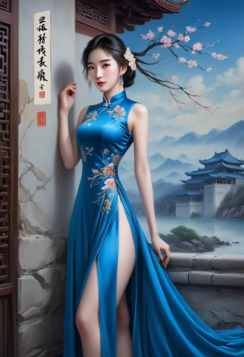 Ms. GALAHAD in a blue dress leans against a wall,There is a set of photos behind you, Inspired by Qianxuan, Cover photo: Portrait of Du Juan, Inspired by Huang Ji, Chinese woman, Inspired by Chen Yifei, Chinese Girl, Inspired by ancient coins, Inspired by Zhang Shumin, Inspired by Gu Zhengyi, Inspired by the Sheikh