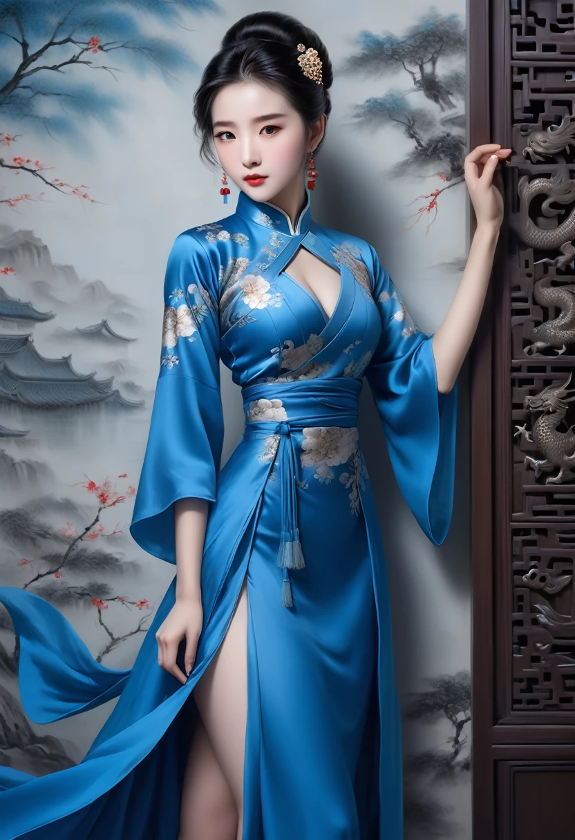Ms. GALAHAD in a blue dress leans against a wall,There is a set of photos behind you, Inspired by Qianxuan, Cover photo: Portrait of Du Juan, Inspired by Huang Ji, Chinese woman, Inspired by Chen Yifei, Chinese Girl, Inspired by ancient coins, Inspired by Zhang Shumin, Inspired by Gu Zhengyi, Inspired by the Sheikh