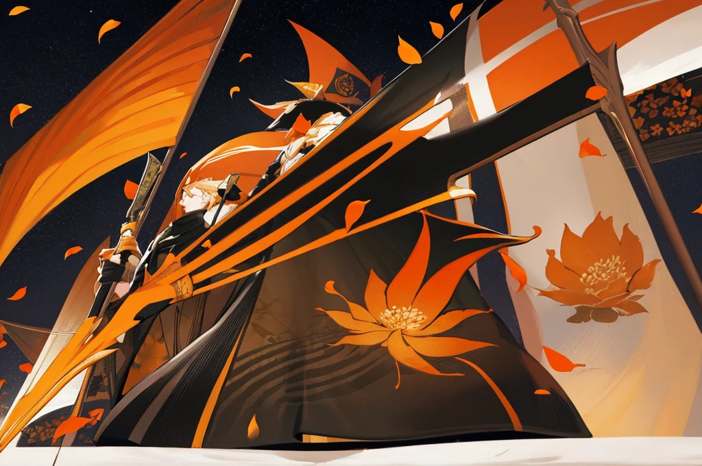 an art of an orange flag with a highly detailed gradient with only orange variations ,with flower petals drawn in black across the flag as if they were being carried by the wind ,the petals are highly detailed, The banner has a flower in the middle, the flower is rich in detail and in high resolution