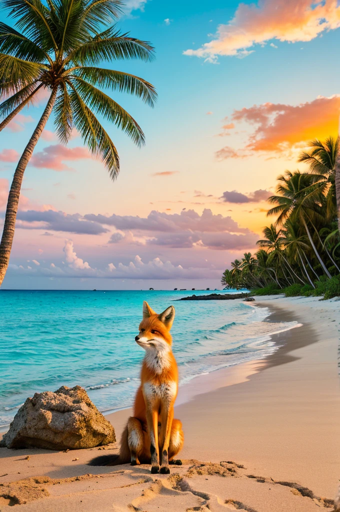 A lone red fox sitting on the sandy beach of a deserted tropical island. Palm trees and rocks surround it, with turquoise sea and clear sky in the background. The fox gazes into the distance at the horizon where the sun is setting. Realistic style, warm tones, atmosphere of adventure and solitude.