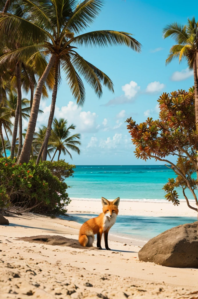 A lone red fox sitting on the sandy beach of a deserted tropical island. Palm trees and rocks surround it, with turquoise sea and clear sky in the background. The fox gazes into the distance at the horizon where the sun is setting. Realistic style, warm tones, atmosphere of adventure and solitude.