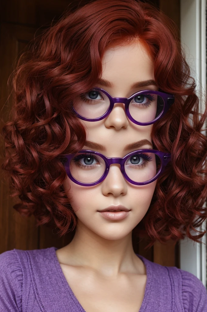 bluthe doll with red curly hair and purple highlights brown eyes and glasses