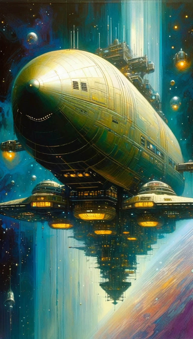 spaceship, in space: 1.5, large ship, with many floors floats in space, housing and all kinds of details in the ship (art inspired by Bill Sienkiewicz). oil painting)