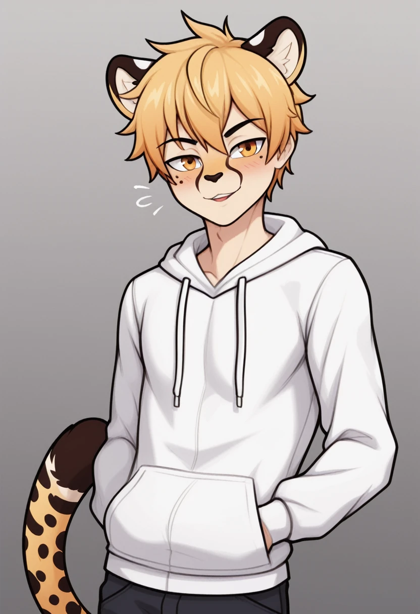 Two-dimensional male cheetah (((three-dimensional view)) cartoon with confident face, NFT art style, clothes (white hoodie)