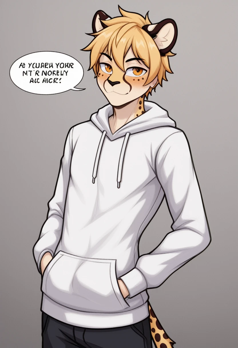 Two-dimensional male cheetah (((three-dimensional view)) cartoon with confident face, NFT art style, clothes (white hoodie)
