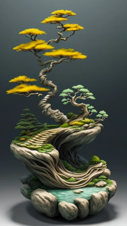 best quality, realistic, photorealistic, coral cave with mountains with divine bonsai trees at the top of the mountain stems pointing sideways and downwards, green, yellow, "wrapped around with white roots with many roots wrapped around" mountain mountains "unique pots of tree trunks and reliefs and steep cliffs"
((Miniature landscape)),(Chinese architecture),Divine Tree,
very detailed carving "pot with root relief",
Ultra wide angle, Accent Lighting, Volumetric Lighting, backlight, (detailed light),((very subtle and beautiful)),dramatic_shadow,ray_tracing,hdr