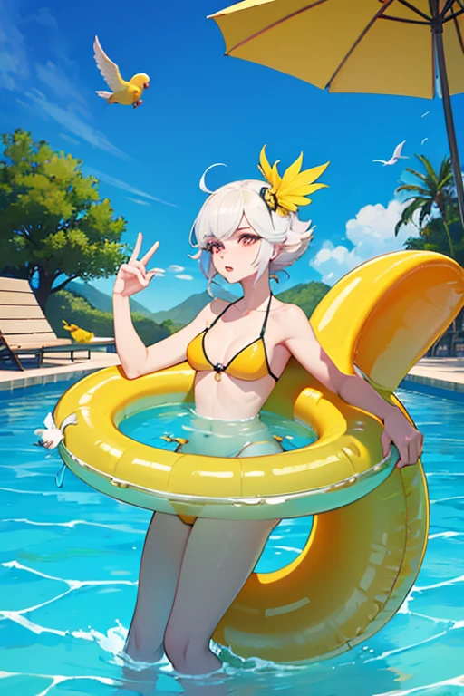 Zsa Zsa, the female anthropomorphic Vain Sulphur-Crested Cockatoo in her yellow bikini is floating on her inflatable donut innertube in her private swimming pool, with her Budgie birdies watching her from the poolside.
