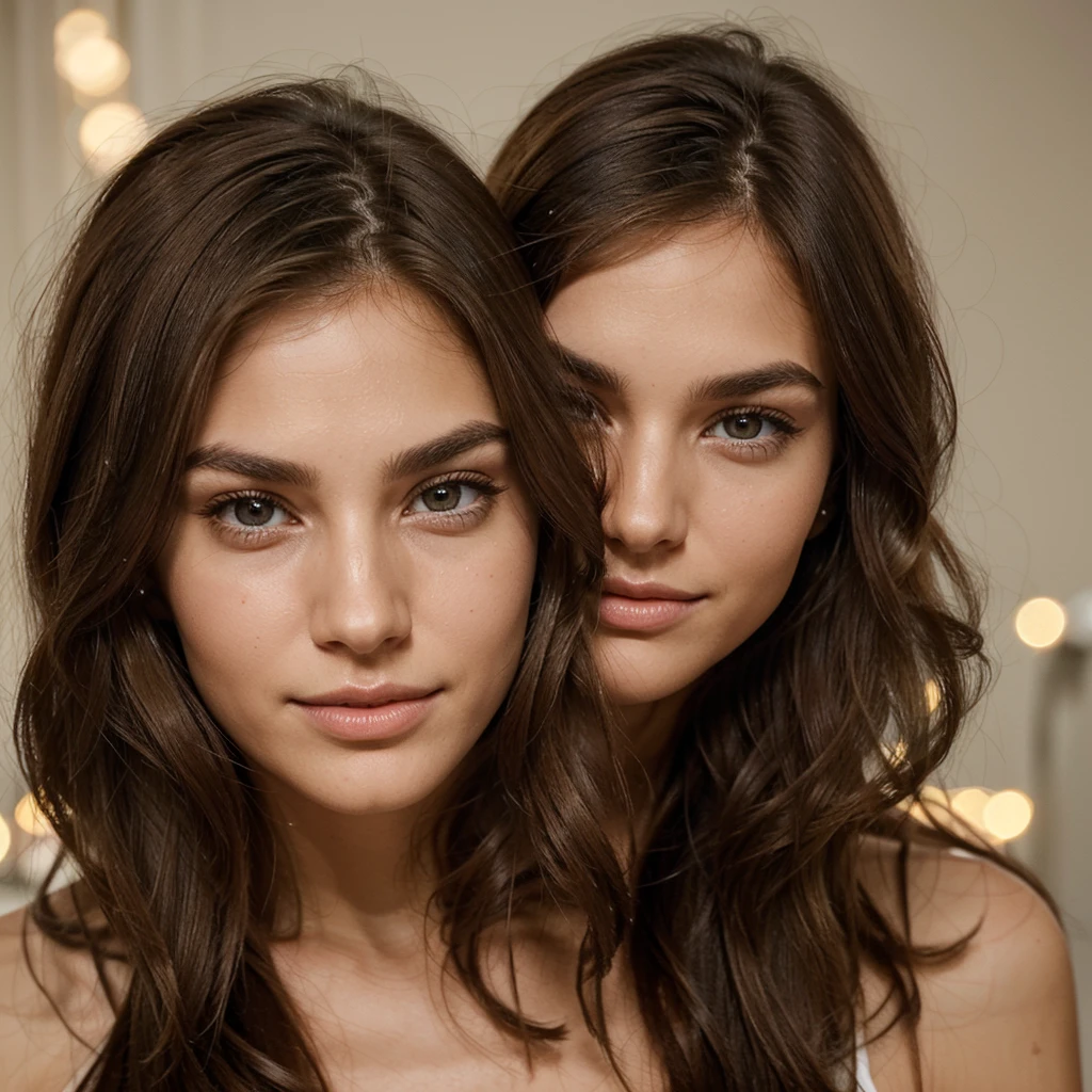 He has an oval face with high, well-defined cheekbones.. His eyes are large and almond-shaped, with thin, arched eyebrows that frame his expressive look. She has thin but well-shaped lips, with a light smile that lights up his face. His nose is small and straight, complementing your delicate facial structure. Dark blonde or light brown hair falls in soft waves around your face. In summary, Its appearance is a perfect blend of youthful elegance and distinctive features..