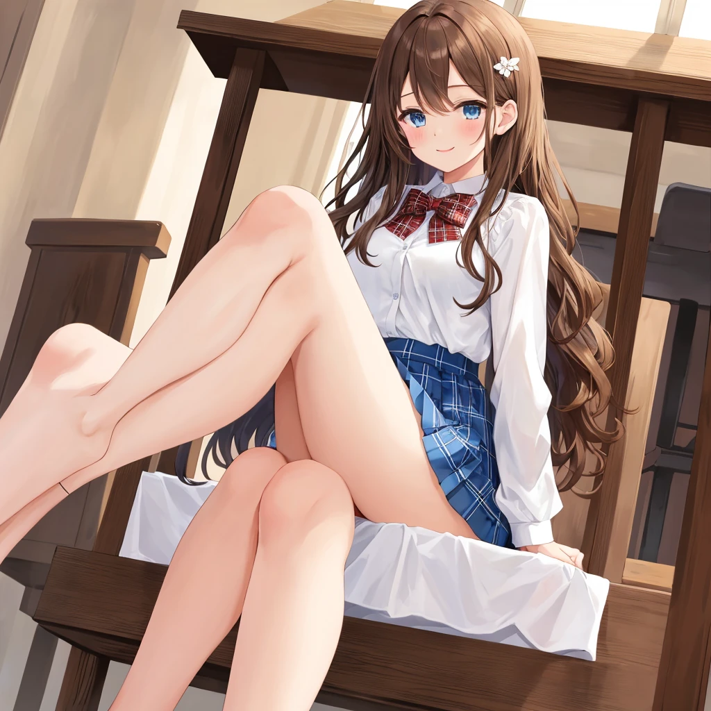 (((alone))),(((1 girl))), beautiful, illustration, extremely detailed skin, Masterpiece, Best Quality, extremely detailed face, vibrant colors, depth of field, cinematic lighting,(Masterpiece, Best Quality:1.2), 1 girl, alone, Blue eyes, wavy brown hair, hair ornament,broad,blue plaid skirt,, White shirt, Detailed clothing,Masterpiece Alta calidad Alta resolución, broad, shy smile, blush, Sit with your knees bent、well defined body、beauty legs 、classroom、As if looking up from below、ashamed,NSFW,White panties with lace, View from below
