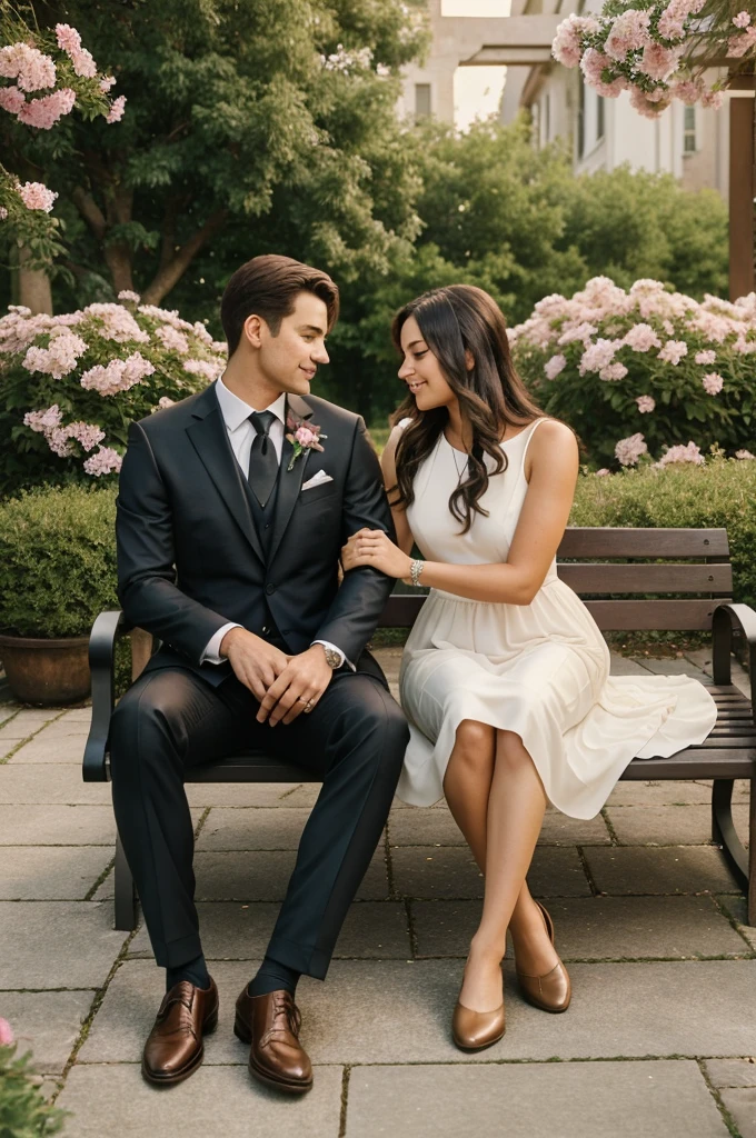 A man and a woman are sitting on a bench in a peaceful setting. The man is wearing a suit and tie, while the woman is wearing a bracelet and leather shoes. They are surrounded by flowers, with one flower being held by the woman. The scene has a serene and romantic vibe, with the couple enjoying each other''s company. The colors in the image are mostly earthy tones, creating a warm and inviting atmosphere. Overall, it is a charming and intimate moment captured in a beautiful outdoor setting.