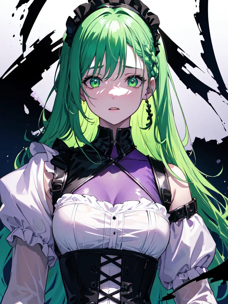 Wearing a maid outfit and a dark, desolate landscape in the background, Horror movie atmosphere. Her figure is extremely beautiful, Emphasizing the dark and crazy elements. Skillfully expressing the effects of light and shadow, detailed, The face and expression of the black costume are also carefully drawn..., Artistic elements add depth to the work. The overall atmosphere is creepy and nightmarish..., With a unique artistic touch. This movie is、The dark and crazy world of horror movies depicted in HD., Evoke visual stimuli and aesthetic sense, It will terrify and excite the audience....,sketch (Character design sheet, same characters, whole body, Three-View, front, ~ ~ ~ side, return) and watercolor画, （Gradient braided hair, (Ink blotches:1.1), (pale:1.2),(Light purple:1.2),(Light green:1.2)　and a mature face,tall, Wearing black tights,Green Eyes, The skin is hidden　and 1 female, Nervous,Cowboy Shot,,(Very bright:1.1), White Background, [1 Girl:7], (Tilt your head:1.2), ([sketch|watercolor \(Moderate\)]:1.15),Chaotic Abstract Background, Vector Trace, Gradient Blending, Bright colors, that&#39;wonderful, 非常にdetailed, Complex, (Very low contrast:1.4)