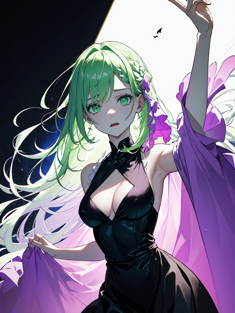 Wearing a maid outfit and a dark, desolate landscape in the background, Horror movie atmosphere. Her figure is extremely beautiful, Emphasizing the dark and crazy elements. Skillfully expressing the effects of light and shadow, detailed, The face and expression of the black costume are also carefully drawn..., Artistic elements add depth to the work. The overall atmosphere is creepy and nightmarish..., With a unique artistic touch. This movie is、The dark and crazy world of horror movies depicted in HD., Evoke visual stimuli and aesthetic sense, It will terrify and excite the audience....,sketch (Character design sheet, same characters, whole body, Three-View, front, ~ ~ ~ side, return) and watercolor画, （Gradient braided hair, (Ink blotches:1.1), (pale:1.2),(Light purple:1.2),(Light green:1.2)　and a mature face,tall, Wearing black tights,Green Eyes, The skin is hidden　and 1 female, Nervous,Cowboy Shot,,(Very bright:1.1), White Background, [1 Girl:7], (Tilt your head:1.2), ([sketch|watercolor \(Moderate\)]:1.15),Chaotic Abstract Background, Vector Trace, Gradient Blending, Bright colors, that&#39;wonderful, 非常にdetailed, Complex, (Very low contrast:1.4)