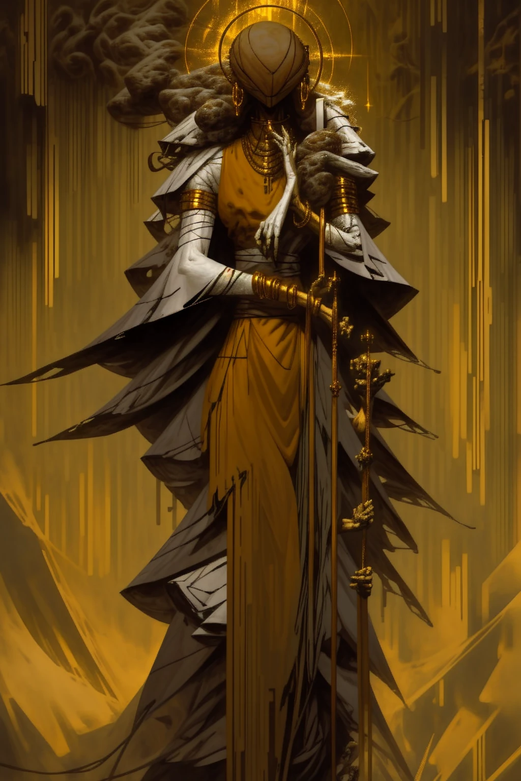 a tall menacing figure, wide shoulders, frail body, gaunt, body is withering/decaying, covered head to toe in a tattered yellow cloak, yellow cloak covering whole body except forearms, tattered yellow hood over the head, scrappy yellow veil hanging over entire face, face completely (concealed), can't see face, old yellow stained bandage wraps loosely cover arms, many golden bangles loosely hanging off both forearms, covered in golden jewelry, old decrepit hands, hands hovering over sides, a giant golden sunset behind them, decaying entity