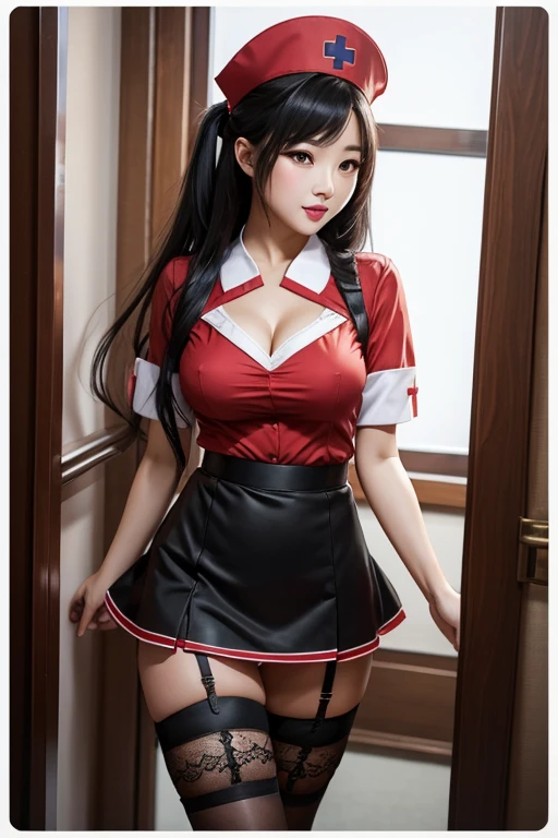 sexy nurse with long stocking and garter belt, short skirt, medium breasts, chinese girl, long black hair, a milatary nurse of Comunist Party