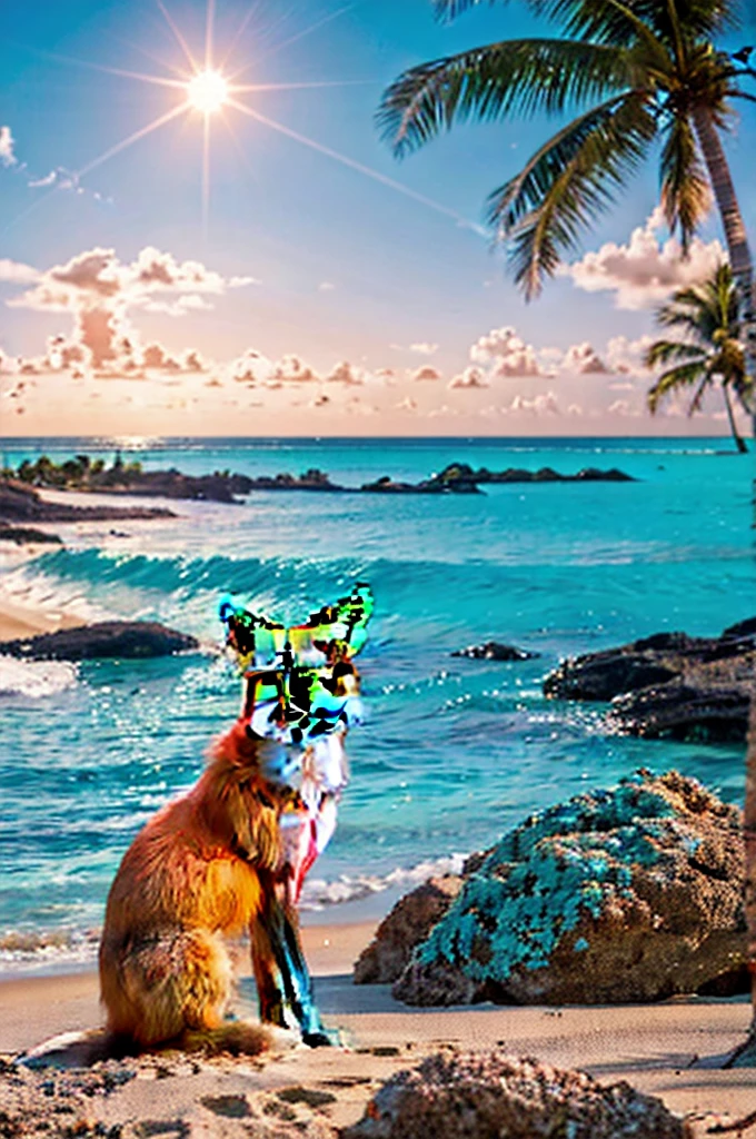 A lone red fox sitting on the sandy beach of a deserted tropical island. Palm trees and rocks surround it, with turquoise sea and clear sky in the background. The fox gazes into the distance at the horizon where the sun is setting. Realistic style, warm tones, atmosphere of adventure and solitude.