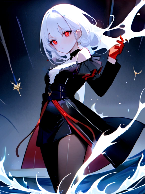 beautiful detailed eyes, delicate pretty face, (work of art), (best qualityer), (ultra detaild), Kizi, long white hair, scarlet red eyes, white undershirt, black coat falling off the shoulders, Black Skirt, transparent pantyhose, fire and ice power in spirits, night castle in the middle of the sea