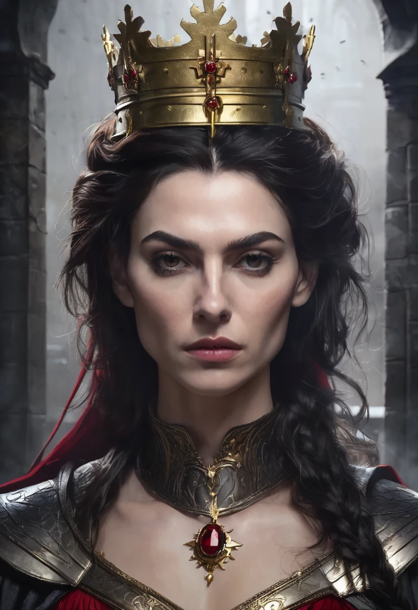 1 man and 1 woman, the man wears a crown of thorns on his head, inside a dark castle, detailed facial features, dark and masculine eyes, detailed light skin, well-groomed short dark hair, serious expression, lighting dramatic, cinematic composition, cold and dark color palette, atmospheric mist, strong chin, virile man, / the woman has long golden hair and wears a beautiful red medieval dress (best quality, 4K, 8K, high resolution, art: 1.2), ultra-detailed, (realistic, photorealistic, photorealistic: 1.37)