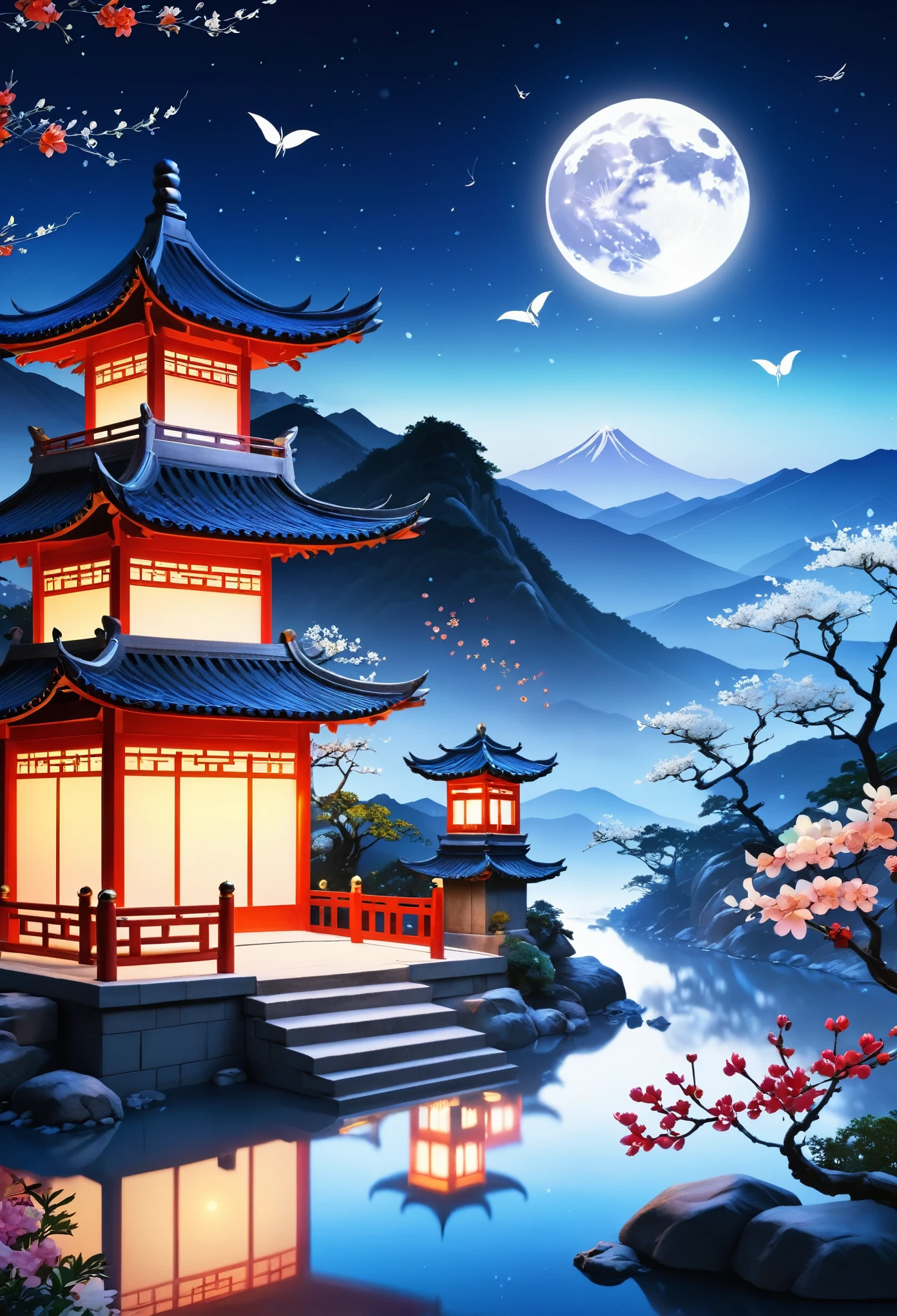 Chinese scenery, ((hot spring)), (Blizzard), (firefly), (Paper Kite), (midnight), (moon), Hilltop Shrine, ((flower)), Beautiful scenery, Realistic lighting, masterpiece, high quality, Beautiful graphics, High Detail,