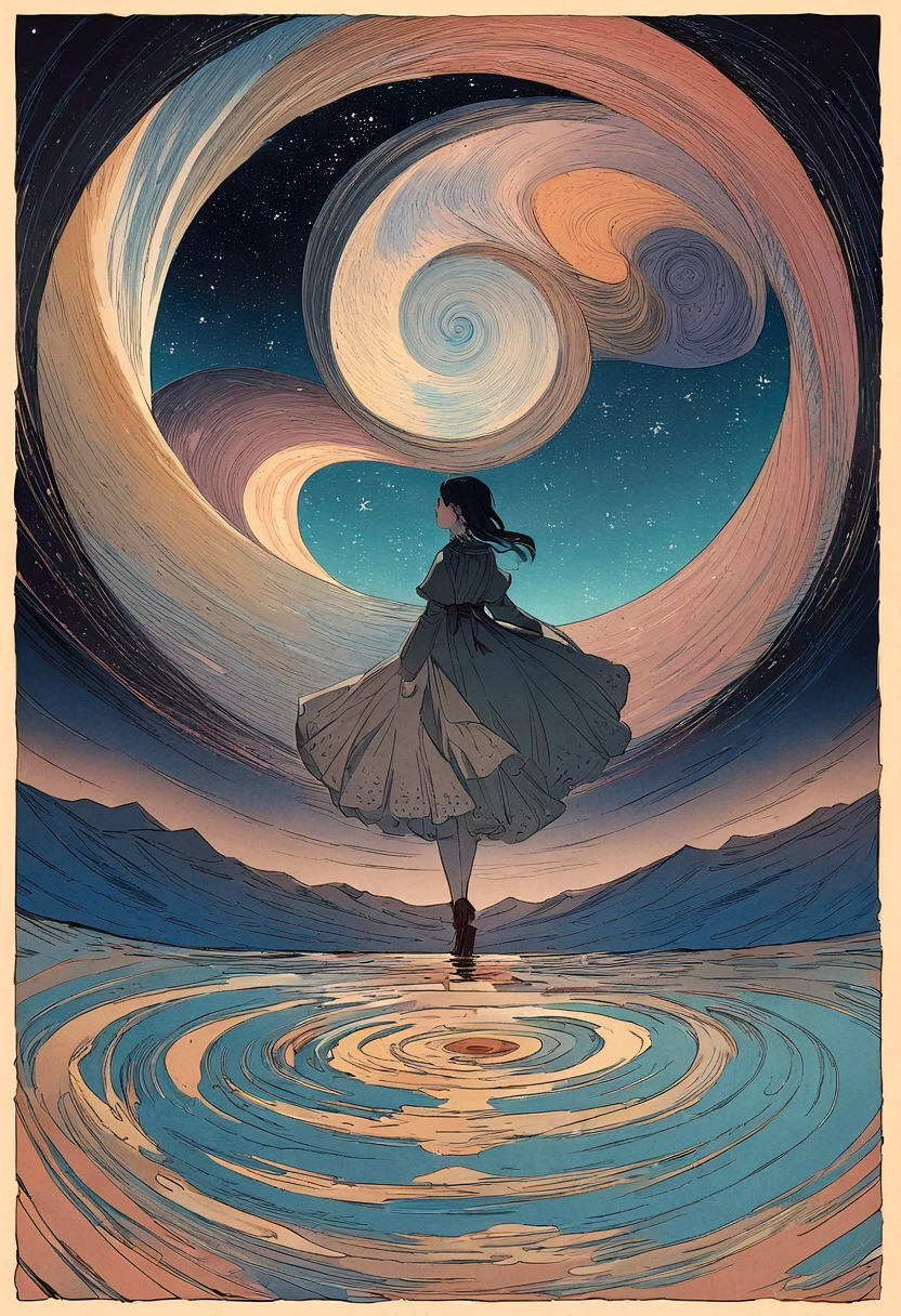 Flying Girl、Starry Skyを飛ぶ少女、color々なcolorの星の光、diego gisbert lawrence、Joe San Gonzales and Mumford、Picture book illustrations、Psychedelic Art、One Girl、Starry Sky、nebula、Swirl、water、vague、superwide shot、Highest quality、Super detailed、Intensive、Golden ratio composition、Kanna Hashimoto