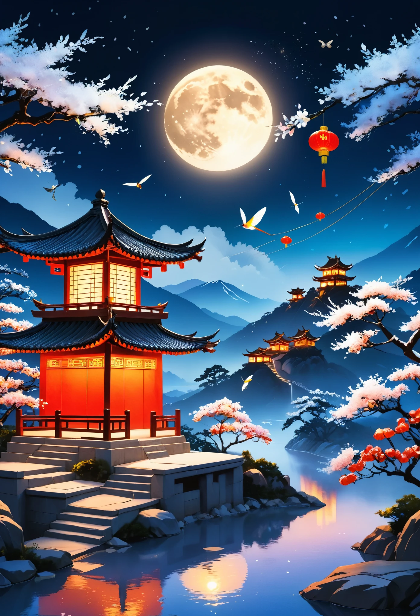 Chinese scenery, ((hot spring)), (Blizzard), (firefly), (Paper Kite), (midnight), (moon), Hilltop Shrine, ((flower)), Beautiful scenery, Realistic lighting, masterpiece, high quality, Beautiful graphics, High Detail,