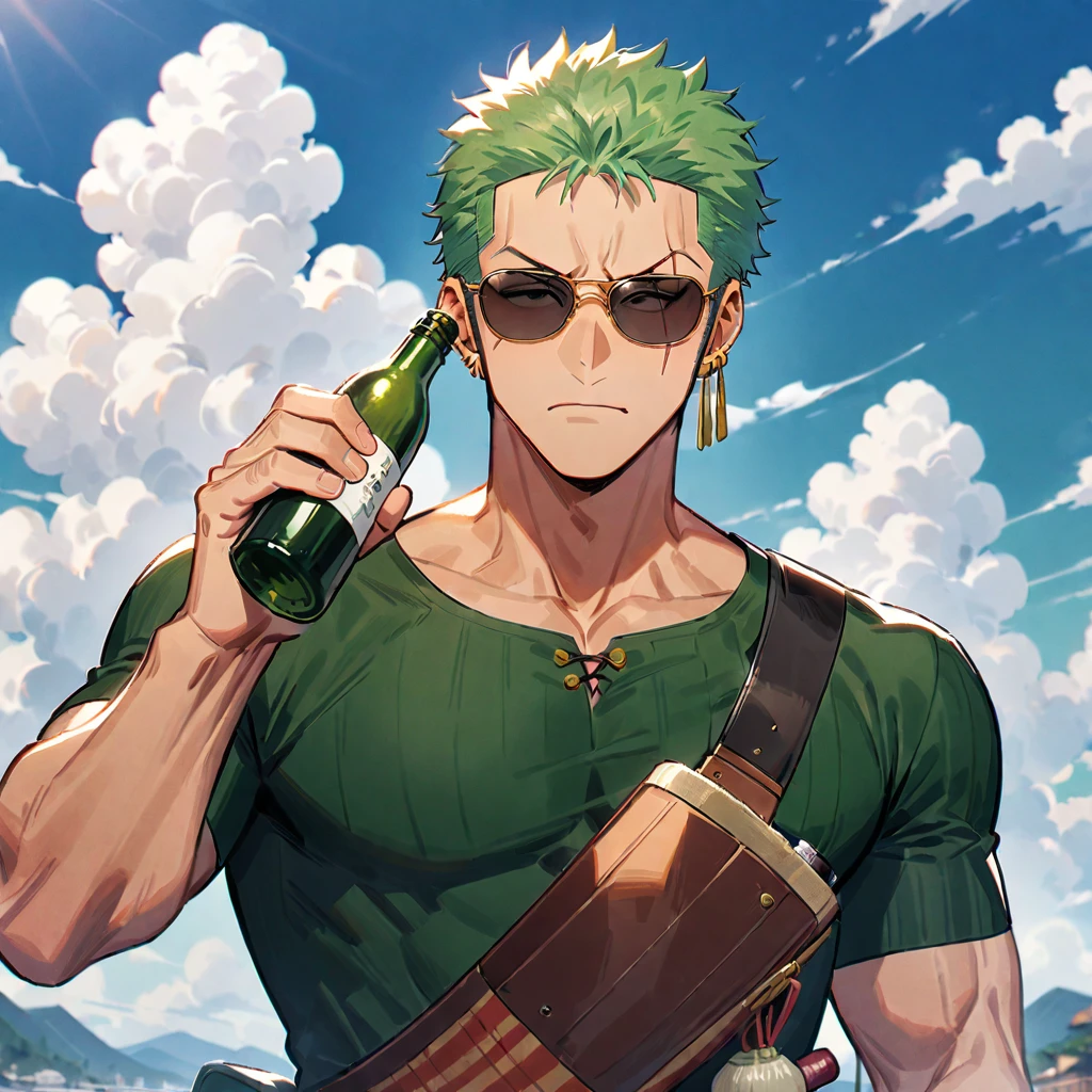 male focus, 1boy, roronoa zoro, solo, scar across eye, green hair, jewelry, earrings, short hair, scar, sunglasses, cloud, scar on face, sky, holding bottle, bottle, upper body, sideburns, shirt, holding, looking at viewer, ((medium quality)), ((medium quality))