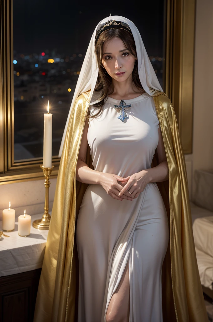 Mary of Nazareth. 41 year old mature woman. sexy, beautiful, Short dress, golden cloak, white and blue veil, praying, room with candles, Sexy whore.. (Jerusalem, Nazareth, Middle East)