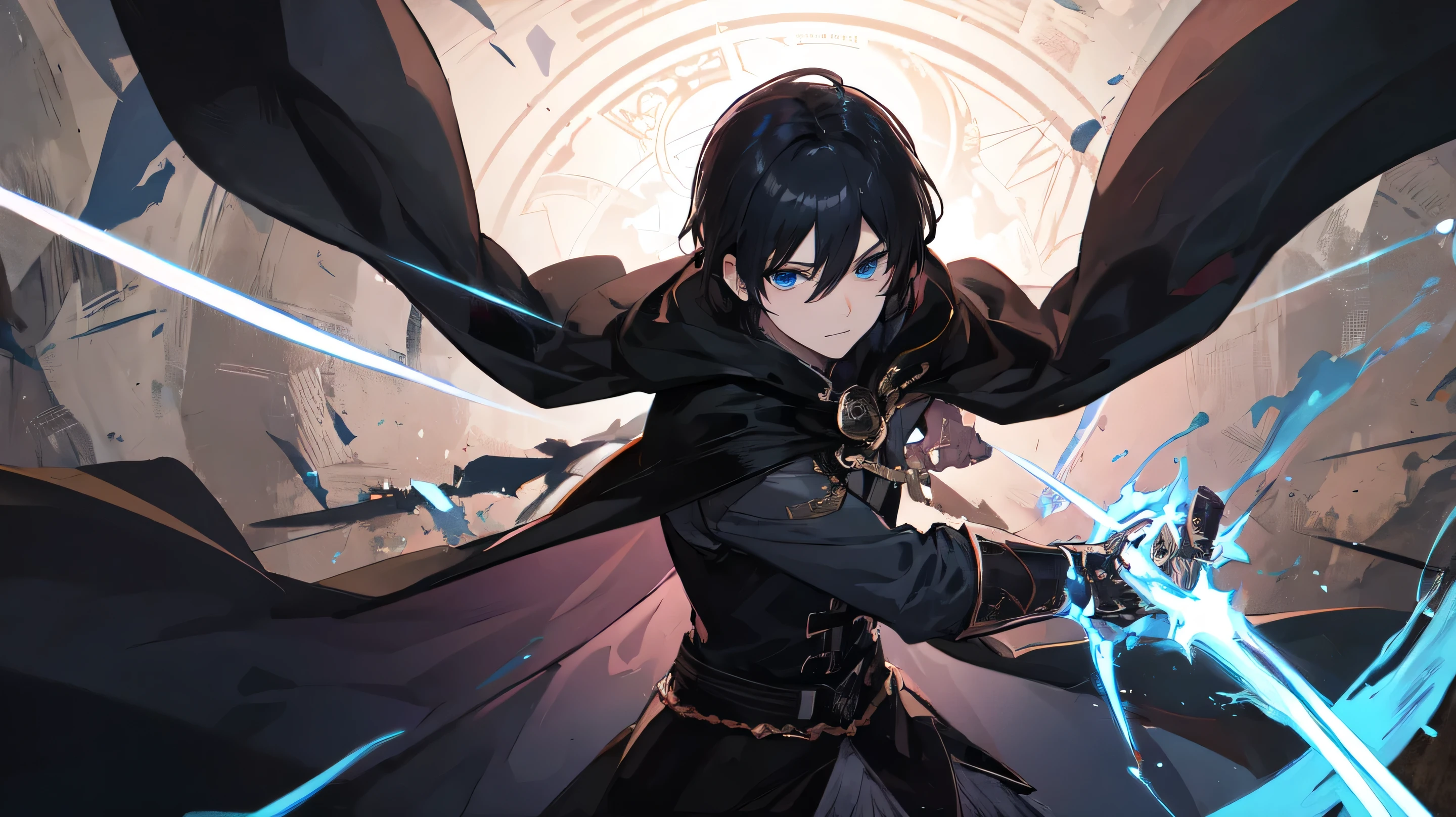 22 years old male, Black Hair, blue eyes, Sharp black eyes, black elegance,Black cape ,Control light and dark, Make it like tarot card anime style,But no frame, Eyes very firm, Magic Circle, Light, dark, Light Particles, Dark particles , And this man is fighting the messenger