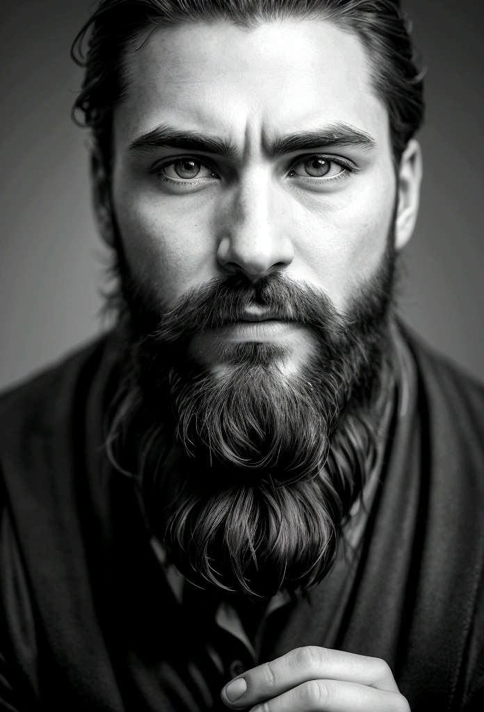 high resolution photography, monochrome, evoking the starkness of classic noir with an intimate, psychological edge, close-up, front profile with strategic lighting to accentuate features and create depth, black and white digital photography, with a high emphasis on texture and contrast, Canon EOS 5D Mark IV, preferred for its full-frame sensor that captures detailed gradations in tone, Canon EF 85mm f/1.2L II USM, offering a shallow depth of field and exceptional bokeh, manual mode, using a single off-camera flash with a snoot to direct a focused beam of light, camera on a tripod for stability, male in his thirties, with a beard and a gaze that holds an introspective stillness, beard is well-groomed, catching highlights where the light grazes, and his eyes are deep-set, underlined by a furrowed brow, indicative of concentration or internal conflict, minimalist, to avoid distracting from the subject's emotive presence, he absence of a background ensures that all narrative weight is carried by the subject's expression and the play of light on skin, void of context, the darkness envelops the subject, focusing attention on the stark contrast of light and shadow across his face, low key, with a singular source that creates a diagonal divide across the face, symbolizing the chiaroscuro technique's thematic play between revelation and concealment, the light catches on the ridges of the subject's facial features; the thoughtful position of his hand, fingers resting gently yet firmly against his chin, adds to the introspective quality, portrait invites the viewer into a moment of private reflection, punctuated by a profound silence that speaks volumes, serving as a canvas for the viewer's own interpretations of light, shadow, and the layers of the human condition, ultra realistic, UHD, many details.