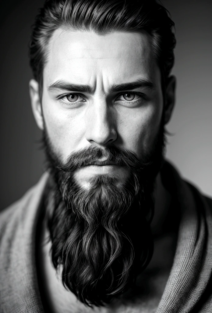 high resolution photography, monochrome, evoking the starkness of classic noir with an intimate, psychological edge, close-up, front profile with strategic lighting to accentuate features and create depth, black and white digital photography, with a high emphasis on texture and contrast, Canon EOS 5D Mark IV, preferred for its full-frame sensor that captures detailed gradations in tone, Canon EF 85mm f/1.2L II USM, offering a shallow depth of field and exceptional bokeh, manual mode, using a single off-camera flash with a snoot to direct a focused beam of light, camera on a tripod for stability, male in his thirties, with a beard and a gaze that holds an introspective stillness, beard is well-groomed, catching highlights where the light grazes, and his eyes are deep-set, underlined by a furrowed brow, indicative of concentration or internal conflict, minimalist, to avoid distracting from the subject's emotive presence, he absence of a background ensures that all narrative weight is carried by the subject's expression and the play of light on skin, void of context, the darkness envelops the subject, focusing attention on the stark contrast of light and shadow across his face, low key, with a singular source that creates a diagonal divide across the face, symbolizing the chiaroscuro technique's thematic play between revelation and concealment, the light catches on the ridges of the subject's facial features; the thoughtful position of his hand, fingers resting gently yet firmly against his chin, adds to the introspective quality, portrait invites the viewer into a moment of private reflection, punctuated by a profound silence that speaks volumes, serving as a canvas for the viewer's own interpretations of light, shadow, and the layers of the human condition, ultra realistic, UHD, many details.