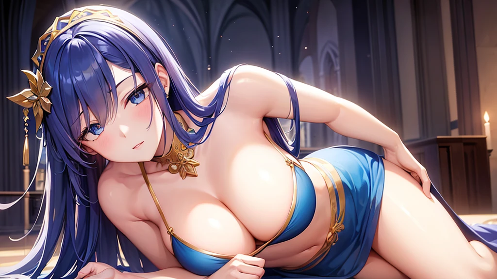 Sensual woman in a revealing blue dress decorated with religious ornaments。Long flowing golden hair in an updo、Piercing blue eyes、With a seductively exposed chest、A dimly lit church interior is set in the background.。Close-up、detailed、8K 、High resolution、Cinematic、Realistic。