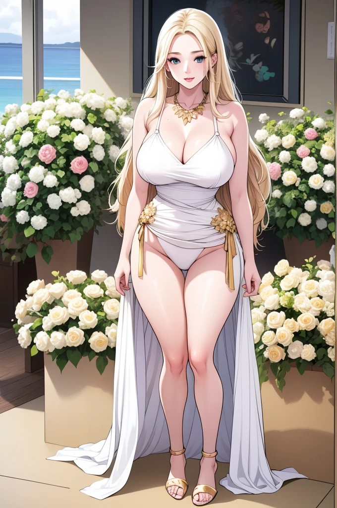 An extremely beautiful stunning busty woman, with gold blonde long silky hair, big blue eyes, extremely super bright snow white fair stunning flawless glowing lush shiny flawless white skin, a perfect tight hourglass figure, and a skinny waist, sexy thick smooth luscious legs and thighs, extremely cute smile on the face, bright pink blushes on cheeks, wearing a short sexy tight revealing white bikini with threads, yellow heels, gold necklace on the neck, gold anklets on feet, gold chain on the waist, standing straight, holding a red roses bouquet, beach in the background, show full body from head to feet.