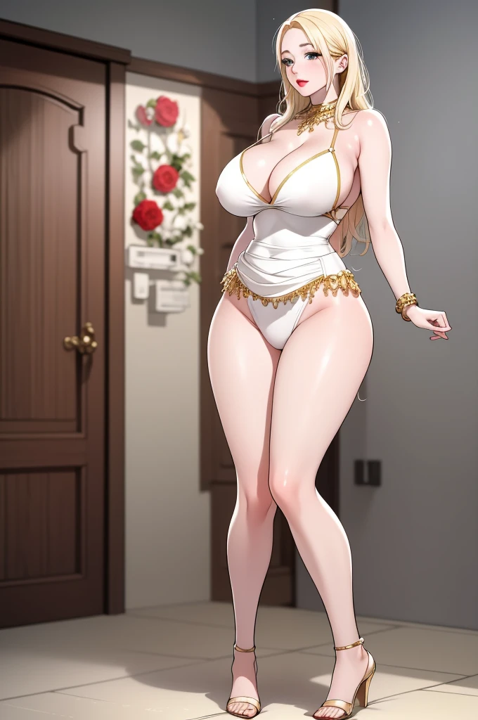 An extremely beautiful stunning busty woman, with gold blonde long silky hair, big blue eyes, extremely super bright snow white fair stunning flawless glowing lush shiny flawless white skin, a perfect tight hourglass figure, and a skinny waist, sexy thick smooth luscious legs and thighs, extremely cute smile on the face, bright pink blushes on cheeks, wearing a short sexy tight revealing white bikini with threads, yellow heels, gold necklace on the neck, gold anklets on feet, gold chain on the waist, standing straight, holding a red roses bouquet, beach in the background, show full body from head to feet.
