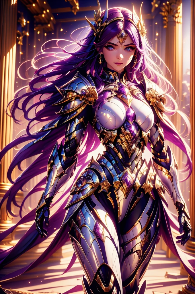 one woman, 25 year old, Greek goddness, purple hairs, blue eyes, greece, ancien temple, perfect bosy, masterclass, HD, 8k, wearing an armor, armor with a lion design, white cape, dark enegy aura, in an ancient greek temple in ruins