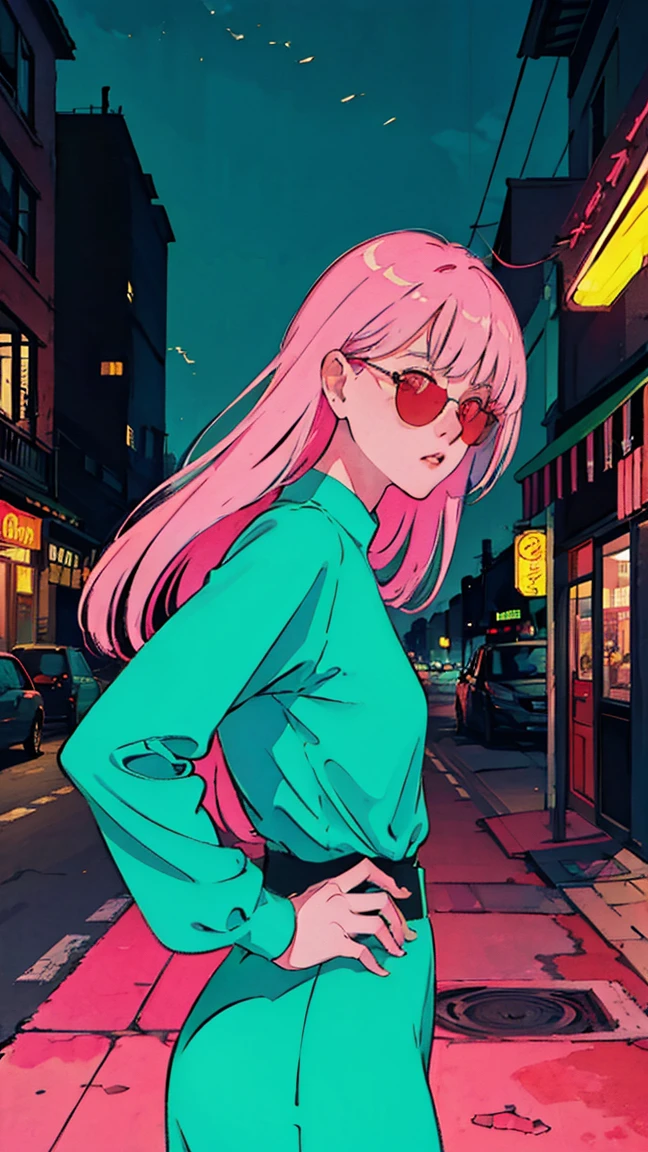a beatiful woman pink long straight hair, with tattoos, wearing a Blue Jersey and red sunglasses, a city behind her, in the style of neon realism, charming characters, action, gadgetpunk, solapunk, colorful street scenes, crimson and amber, NeonNoir, soft lighting, night, nighttime, realistic, red lighting, green lighting, hard shadow, masterpiece, best quality, Intricate, modelshoot style, vintage, film grain, Incomplete details