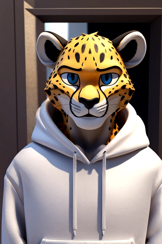 Two-dimensional male cheetah (((three-dimensional view)) cartoon with confident face, NFT art style, clothes (white hoodie)