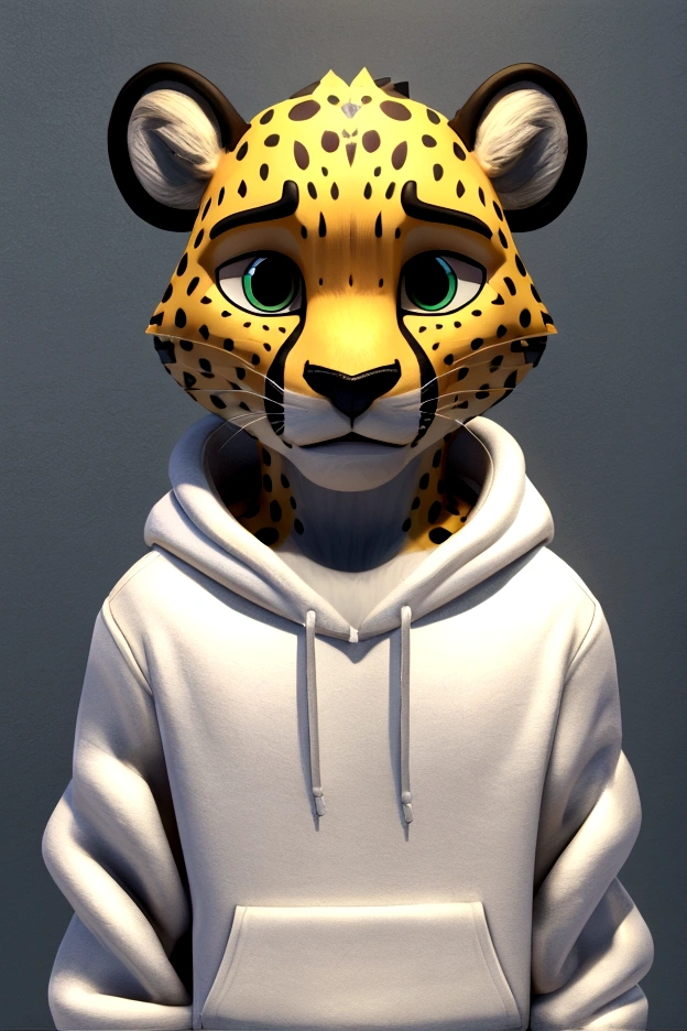 Two-dimensional male cheetah (((three-dimensional view)) cartoon with confident face, NFT art style, clothes (white hoodie)
