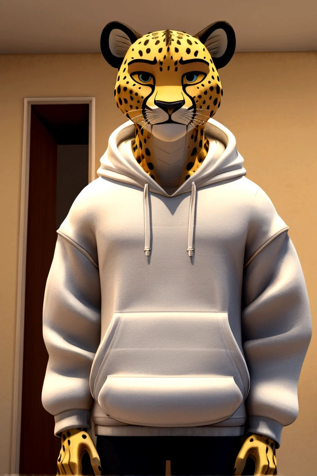 Two-dimensional male cheetah (((three-dimensional view)) cartoon with confident face, NFT art style, clothes (white hoodie)
