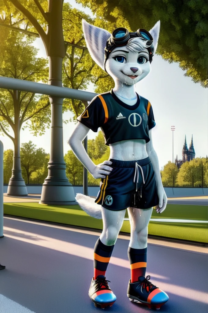 Rivet, tail, furry girl, 1girl, solo, young, (((Germany soccer shorts))), (((Germany soccer shirt))), (((Germany soccer shoes))), standing inside city park, detailed body fur, detailed body, detailed eyes, detailed face, athletic, skinny, high quality, masterpiece, small breasts, goggles, :D, looking at you, full body, ((good lighting on crotch)), (aroused), (horny), (bedroom eyes), ((vaginal juice dripping from crotch))