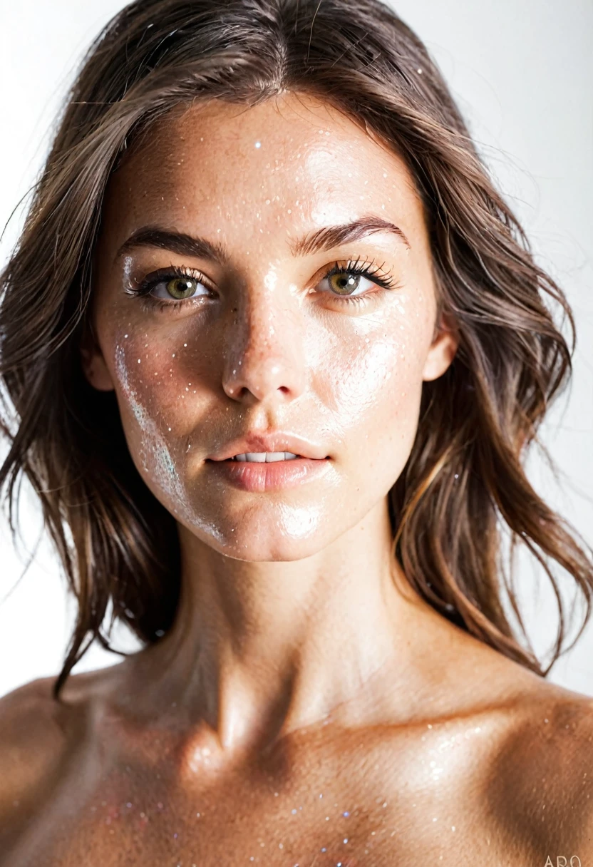 Photograph of a female model, white background,flare all over her face, invisible --ar 4:5 --s 50 --v 6.0 --style raw