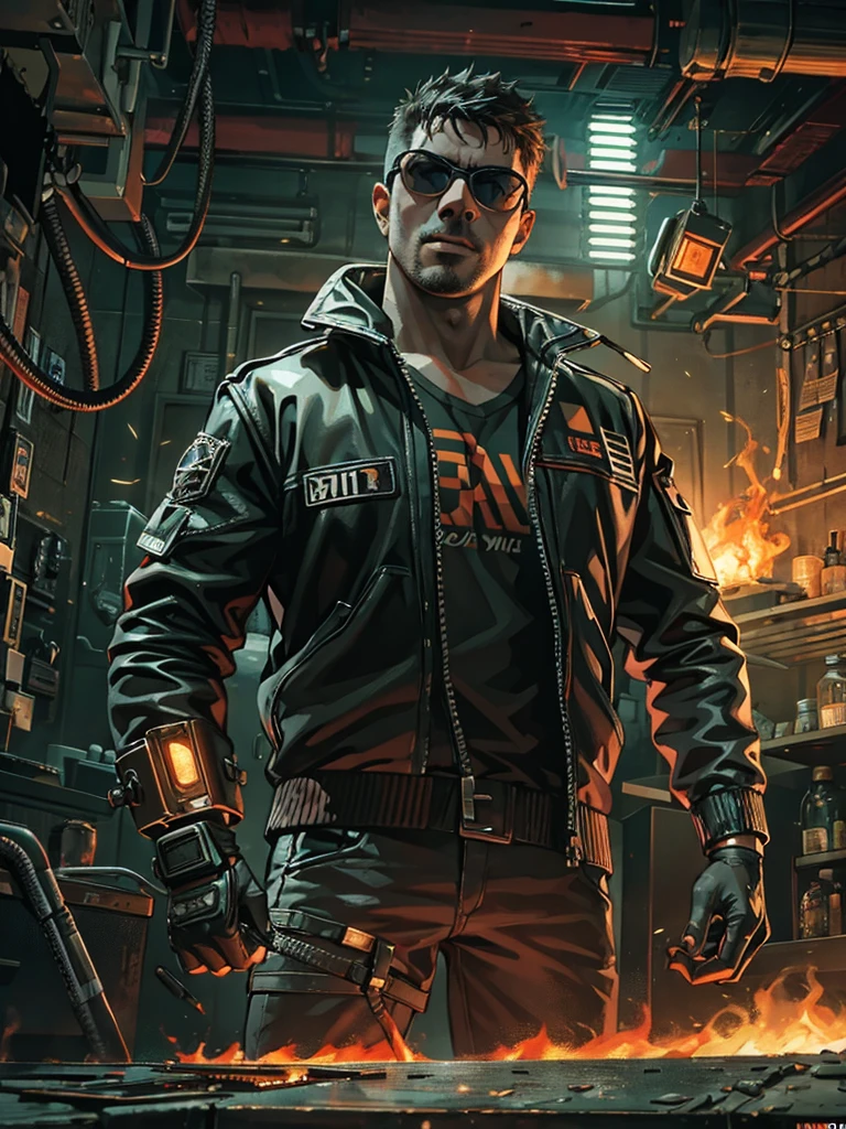 a strong, muscular 1 man, male1.1, with black hair, wearing shades, a leather jacket, and bandages on his face, standing in a workshop surrounded by sparks from a blowtorch, with a stoic expression and bright orange eyes, (best quality,4k,8k,highres,masterpiece:1.2),ultra-detailed,(realistic,photorealistic,photo-realistic:1.37),hyperrealistic, intricate details, chiaroscuro lighting, gritty, industrial, dystopian, cyberpunk, high contrast, cinematic