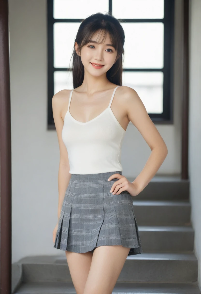 8K, Ultra-high resolution, Highest quality, masterpiece, 三分割法によるphotograph,Surreal, photograph, 1 Girl, (:1.3), pretty girl, Cute face, Beautiful eyes in every detail, 細かくdetailedに,masterpiece,, One Girl:1.2, Japan Female Announcer,full body,from below,from behind,((very small head:1.3)),Center-parted bangs,amount,Black Hair,Long Hair,Iris,Gorgeous eyes,smile,((Toned body,Slender body,skinny)),(Sports bra、Bra Top,Grey plaid pleated mini skirt,Tennisshoes),振り返ってsmile,Glowing Skin,Shiny skin,Climbing the stairs,Fire escape in a building,Beautiful leg line beauty,Captivating thighs,Full of sex appeal,Sensual,屈託のないsmile,Heal the heart,Low ponytail、beauty,Long neck、Laugh a little、Please close your mouth and laugh、(((Ideal body type))),A cup small breasts :2,、Portraiture:2、Perfect Anatomy、鮮明なdetailed、detailed、Surreal、Light and shadow,Strong light
