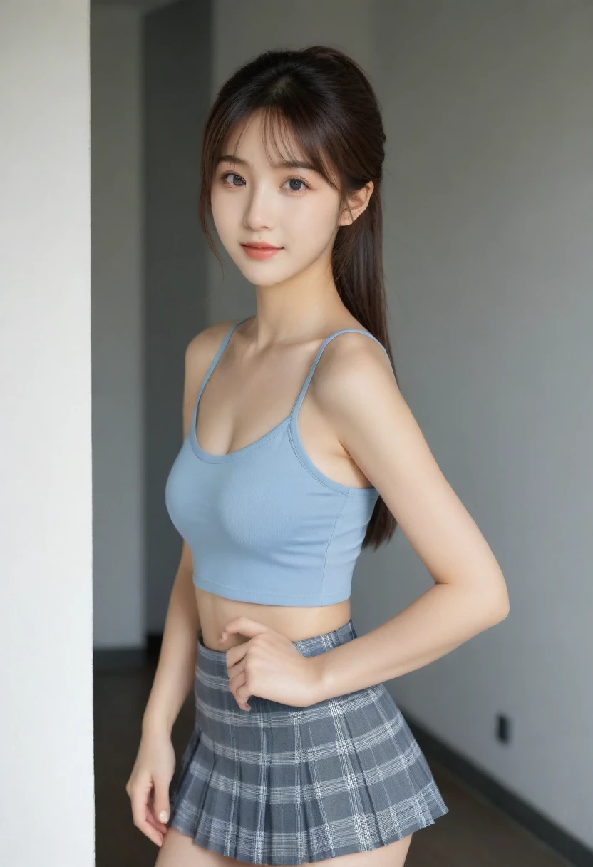 8K, Ultra-high resolution, Highest quality, masterpiece, 三分割法によるphotograph,Surreal, photograph, 1 Girl, (:1.3), pretty girl, Cute face, Beautiful eyes in every detail, 細かくdetailedに,masterpiece,, One Girl:1.2, Japan Female Announcer,full body,from below,from behind,((very small head:1.3)),Center-parted bangs,amount,Black Hair,Long Hair,Iris,Gorgeous eyes,smile,((Toned body,Slender body,skinny)),(Sports bra、Bra Top,Grey plaid pleated mini skirt,Tennisshoes),振り返ってsmile,Glowing Skin,Shiny skin,Climbing the stairs,Fire escape in a building,Beautiful leg line beauty,Captivating thighs,Full of sex appeal,Sensual,屈託のないsmile,Heal the heart,Low ponytail、beauty,Long neck、Laugh a little、Please close your mouth and laugh、(((Ideal body type))),A cup small breasts :2,、Portraiture:2、Perfect Anatomy、鮮明なdetailed、detailed、Surreal、Light and shadow,Strong light