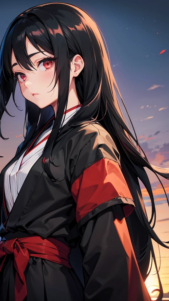 Girl, long black hair, Itachi&#39;s female appearance, black and red robes, sharingan eyes, background in konoha