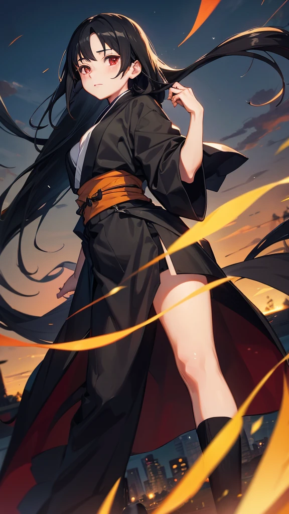 Girl, long black hair, Itachi&#39;s female appearance, black and red robes, sharingan eyes, background in konoha